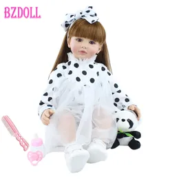 60cm Soft Silicone Reborn Toddler Doll Toys 24inch Lifelike Vinyl Long Hair Princess Babies Girl Dress Up Doll With Panda Q0910