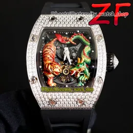 eternity Watches ZF 51-01 V2 version Real Tourbillon Mechanical 3D Dragon Tiger Totem Painted Dial RM51-01 Michelle Yeoh Mens Watch Iced Out Diamond Case Rubber strap