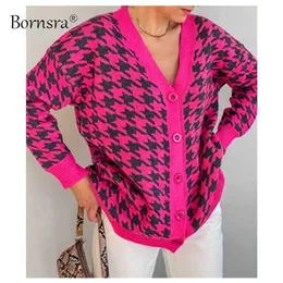 Bornsra Sweter Damska Luźna V-Neck Houndstooth Z Długim Rękawem Knit Cardigan Kurtka Kontrastowe Kolor Regularne Kobiety 211011