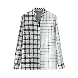 Casual Femmes Noir Blanc Plaid Patchwork Chemises Mode Dames Col Montant Tops Streetwear Femme Chic Bouton Blouses 210527