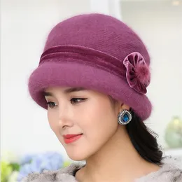 겨울 여성 꽃 Skullies 부드러운 양모 혼합 토끼 모피 모자 따뜻한 니트 Beanies Baggy Headwear Cap Bonnet Femme Hiver 211119
