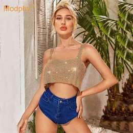 Mode Kvinnors Sommar Sexig Sequined Justerbar Tank Top Lady Club Party Crystal Diamonds Chainmail Crop Tops 210527