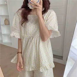 Sweet Printed Hearts Cute Girls Sleepwear All Match Women Femme Comfortable Loose Cotton Pajamas Suits Sets 210525