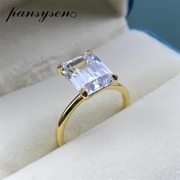 PANSYSEN White/Yellow/Rose Gold Color Luxury 8x10MM Emerald Cut AAA Zircon Rings for Women 100% 925 Sterling Silver Fine Jewelry 210924