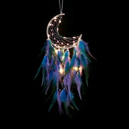 LED Wind Chimes Handmade DreamCatcher Lamki Pióro Wisiorek Dream Catcher Creative Moon Wiszące Craft Wish Prezent Home Decoration M3971