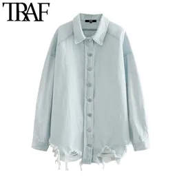 Kadın Moda Boy Yırtık Denim Bluzlar Vintage Yaka Yaka Uzun Kollu Gevşek Kadın Gömlek Blusas Chic Tops 210507