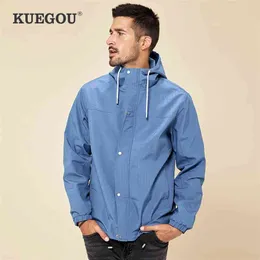 Kuegou Spring Hooded Blue Men Jacket Giacca e Cappotto Moda Streetwear Maschio Capispalla con Zipper Brand Plus Size Vestiti 10005 210819
