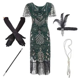 1920s Flapper Roaring Plus Size 20s Great Gatsby Fringed Sequin Beaded Dress and Embellished Art Deco Dress Accessories XXXL 210325