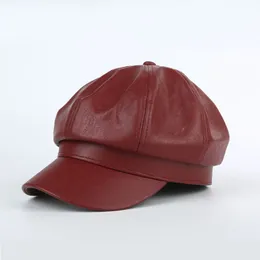 LDSLYJR 2021 PU Mulheres Cor Sólida Pato Língua Beret Simples Casual Octogonal Cap Outono e Winter Joker Pintor Hat 04