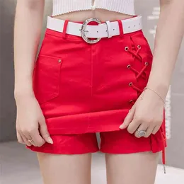 Zoki Bandage Women Denim Skirt Summer High Waist Chic Belt Jean Mini Cotton Red Harajuku Streetwear Faldas Mujer Moda 210708