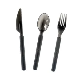 Högkvalitativ genomskinlig svart matkvalitet Plastsked Extra tjock kniv och gaffelpickor Picknick Tabeller Dh8575