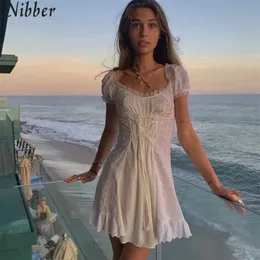 Nibber French Elegance Palace Style Woman Wooden Lace Hook Flower Hollow Waist Thinner Mini Dress A-line Female Dresses Y0726