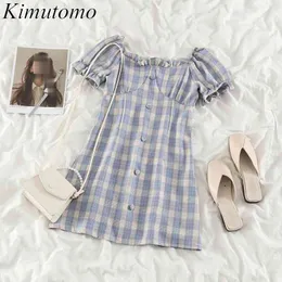 Kimutomo Chic Plaid Kleider Frauen Quadrat Kragen Kurze Puff Sleeve Schlanke Taille A-linie Mini Vestido Feminino Elegante Sommer 210521