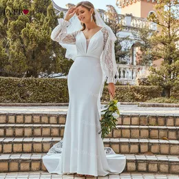 Stilig vit boho sjöjungfru bröllopsklänningar illusion spets ärm 2021 tätt satin land brudklänningar elegant mariage boheme brud klänning vestidos de novia