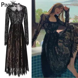 Viktorianisches stilvolles schwarzes Spitze-Quadrat-Kragen-Gothic-A-Linie-Midi-Kleid für Frauen, Party, lässig, hohe Taille, Kleid, Vestidos 210421