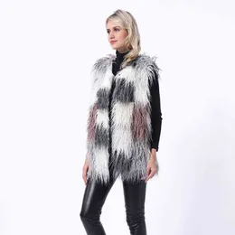 Faux Fur Vest Kvinnors Jacka Mellanlängd Stitching Fluffy Coat Ärmlös Forrure Femme 211207