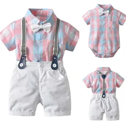 Focusnorm 2pcs Toddler Kids Baby Boy 1-4Y Gentleman Outfit Clothes Pink Plaid Short Sleeve Romper Top+Shorts Summer Clothes Set X0802