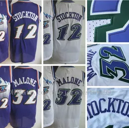 Toptan Erkekler Retro 32 Karl Malone Jersey Üniforma Rev 30 Yeni Malzeme 12 John Stockton Atmak Geri Gömlek Nefes Ev Alternatif Mor Beyaz 100% Dikişli