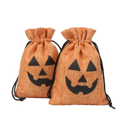 Halloween Gift Wraps 100Pcs/Pack Pumpkin Linen Burlap Candy Drawstrings Bag Pocket Treat Storage Bags Cookie Pouch KIds Trick or Treating Party Decor TH0073