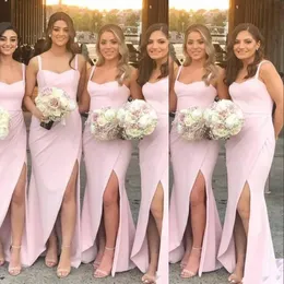 Sexy Arabic Blush Pink Bridesmaid Dresses Spaghetti Straps Sleeveless Side Split Wedding Guest Floor Length Maid Of Honor Dress