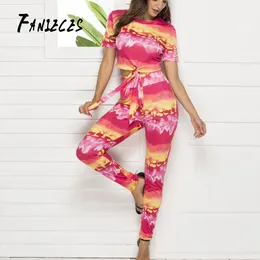 Fanieces Yaz Kravat Boyası Baskılı Eşleştirme Setleri Iki Parçalı Set Kırpma Üst Ve Pantolon Plaj Giymek Takım Elbise Seksi Bodysuit Streetwear 210520