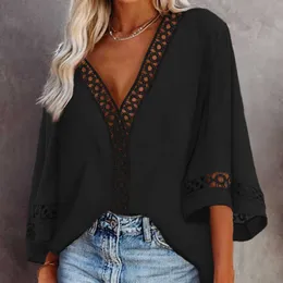 Women Shirt 2021New Summer V-Neck Solid Color Ladies Top Hollow Out Bell Sleeve Outdoor Short Casual Comfy Female Outfits X0628