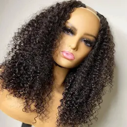 U Part Human Hair Wig Jerry Curly Brazilian Natural 1B Color Remy Full Machine Made Glueless 1x4 U Shape Deep Wave For Black Women 100% Unprocessed
