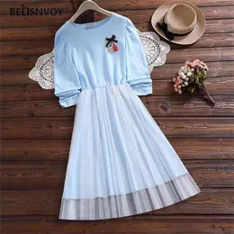 Mori Girl Cute Patchwork Mesh Dress Spring Autumn Fashion Long Sleeve Casual Sweet With Cherry Brooch Vestidos 210520