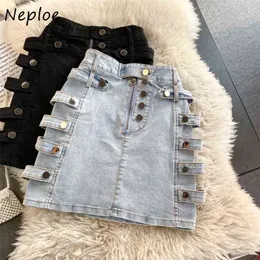 Neploe Vita alta Anca A Line Gonna di jeans Donna Button Design Solid Jupe Femme Primavera Estate New Outwear Faldas Mujer 210423