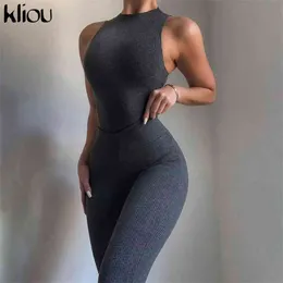 Kliou Ribbed Solid Casual Matching Sets Women Sexy Sleeveless Bodysuits And Leggings Two Piece Outfits Workout Skinny Slim Set 210727