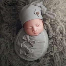 Ylsteed 7st Set Baby Photography Props Spädbarnsstudio Skytte kläder Bow Wraps Matching Knot Hat Nyfödd bild Idé 210319