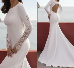 2022 Abito da sposa Abiti da sposa a sirena Gioiello Collo Strascico di corte Pizzo Raso elasticizzato Manica lunga Semplice Backless Vestido De Noiva Robe De Mariage