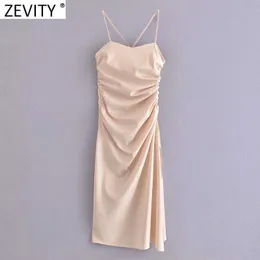 Zevity Women Sexy Side Zipper Drawstring Lace Up Satin Midi Camisole Dress Ladies Spaghatti Ström Klänningar Vestidos Mujer DS8253 210603