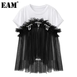 [EAM] Women White Mesh Spliced Ruffle Bow Pearls T-shirt Round Neck Short Sleeve Fashion Spring Summer 1DD7451 210512