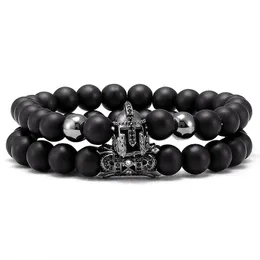 Cool 8MM Black Matting Stone Strands CZ Spartan Helmet Charm Bracelet for Man Women Lovers Gift 2pcs set