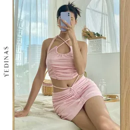 Yedinas Summer Dress Sets Sexiga Kvinnor Mini Skirt Backless Crop Top Two Piece Shorts Suit Camisole Halter Outfits Vacation 210527