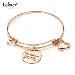 Lokaer Stainless Steel Creative Lettering She Believed Inspirational Loving Charm Bangles for Women Girl Bohemia Jewelry B17079 Q0719