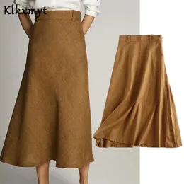 KLKXMYT 스커트 여성 영국 사무실 레이디 인디 민속 간단한 린넨 하이 허리 A 라인 미디 팔다스 Mujer Moda Long Skirts Womens 210527