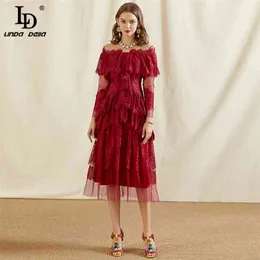 Letnia Moda Designer Red Lace Dress Kobiety Długi Rękaw Wzburzony Wzburzony Siatki Patchwork Eleganckie Dresses Party 210522