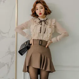 Autumn Korean Casual Sets Women office OL Work Wear two Pieces Set Ruffles bow Blouses Crop Top and short Skirt 210529