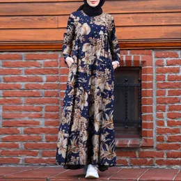 ZANZEA Retro Dubai Abaya Turquia Hijab Vestido Feminino Vintage Floral Estampado Maxi Vestido Verão Manga Comprida Kaftan Vestido Muçulmano X0521