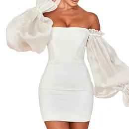 Sexy Off Flog Slash Sece Solid White All All Match Footern Рукав Нагрудник Нагруженные Оболовка Летние Платья Женщины 210615