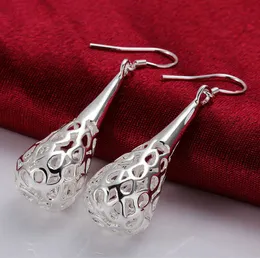 Partihandel 925 Sterling Silver Dangle Örhängen för Kvinnor Hollow Teardrop Long Earring Bröllop Smycken Party