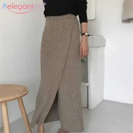 Aeleagantmis koreanska mode split vintage solid ribbed kjol kvinnor elegant mjuk varm enkel kvinnlig stickad mid-length chic 210607