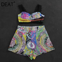 DEAT summer fashion women printed vintage styles two pieces set vacation clothing lace patchwork bra and shorts sexy 210428