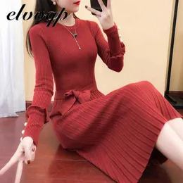 Autumn Winter Knit Long Dress Women Elegant Casual O-Neck Slim Bodycon Robe Sweater Dresses Office Lady Mid-Calf Sticked Dress Y1006