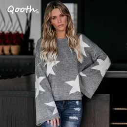 Qooth Plus Size Printed Five-pointed Star Pullover Sweater Womens Fall Winter Loose All Match Fashion QT666 210609