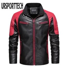 Ursporttech Spliced ​​Herr Leather Jacket Casual Fashion Stand Collar Fleece Vintage Coat Kvalitet Motorcykel Läder Jacka Män 211111