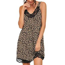 Women's Dress Summer Fashion Leopard Printing Sexy Sleepwear Short Sleeve Nightgown Sleepshirt Pleated Nightwear Lace D9# Casual Dresses