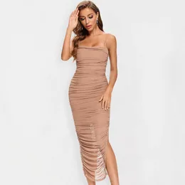 Beaukey 2020 sommar ny ankomst sexiga långa bodycon klänningar kvinnor spaghetti rems organza mesh maxi dress party club y0726